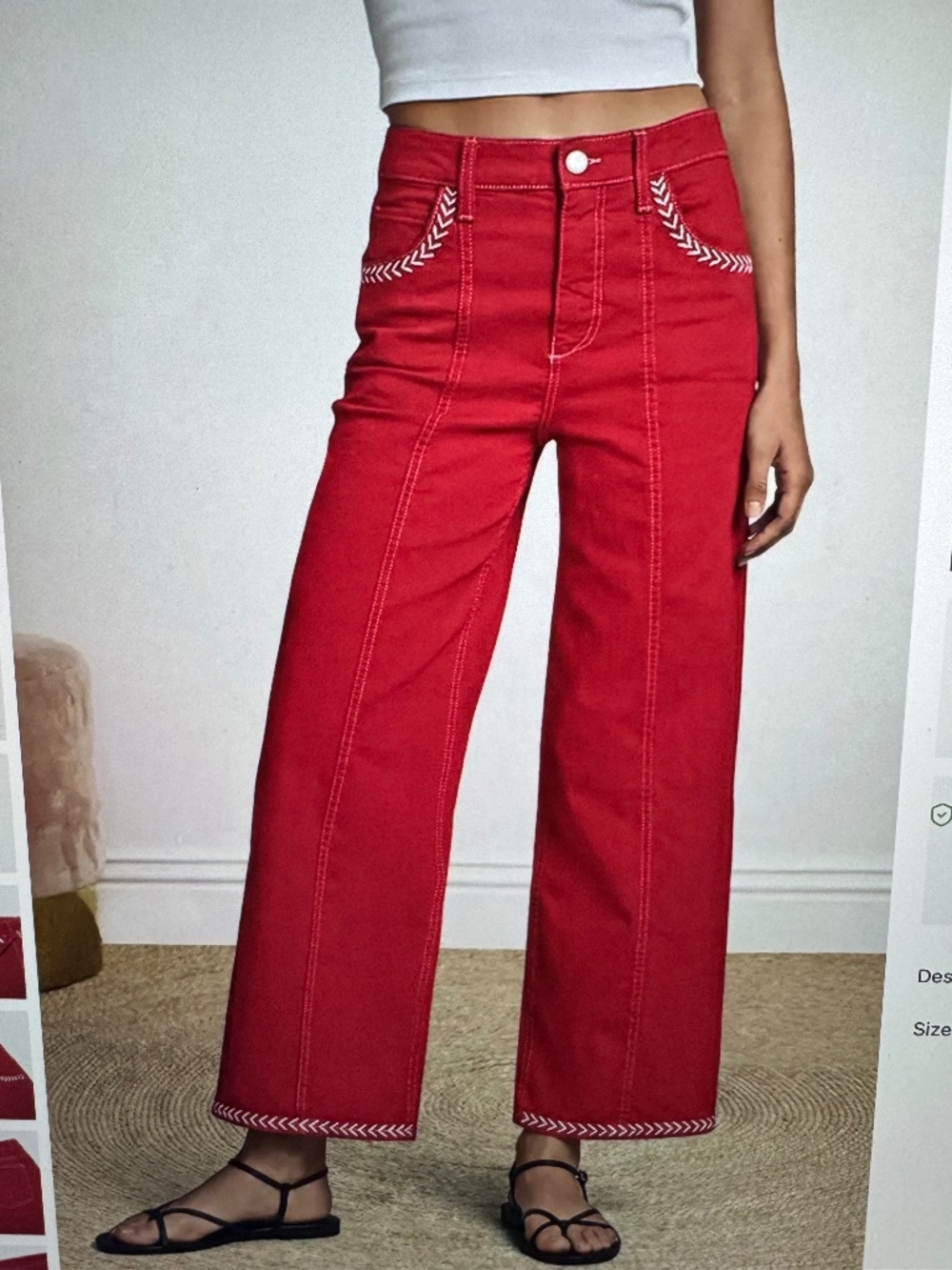 Flamingals Contrast Stitch Mid Rise Wide Leg Crop Pants Red Medium-NEW WITH TAGS
